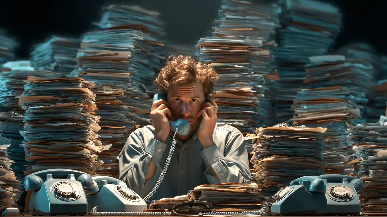 Stressiger Alltag in der klassischen Hausverwaltung: Ein Mitarbeiter versinkt im Papierchaos und Telefonanrufen – ein Argument für die Automatisierung durch KI.